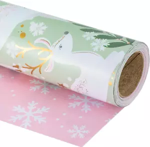 Reversible Wrapping Paper Roll - Mini Roll - Christmas White Reindeer and Snowfl - Picture 1 of 8