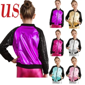Kids Girl Streetwear Sequins Toddler Flight Jacket Zipper Shiny Coat Outwear - Picture 1 of 67