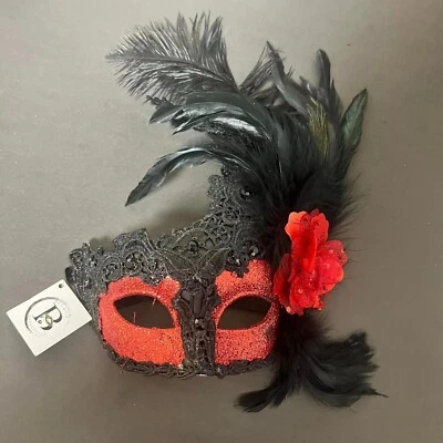 Black with Red Glitter Swan Women Feather Masquerade Mask Ball Party Mask - Image 1 of 4