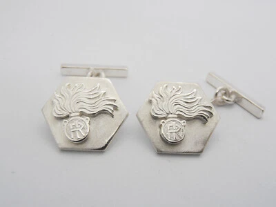 Fiamma dell' Arma dei Carabinieri : Gemelli in Argento 925 con Stemma - Simbolo - Immagine 1 di 4