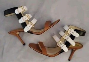 Michael Kors Heels Womens SZ 6M Leather Brown/Black/White Strappy Buckles - Picture 1 of 4