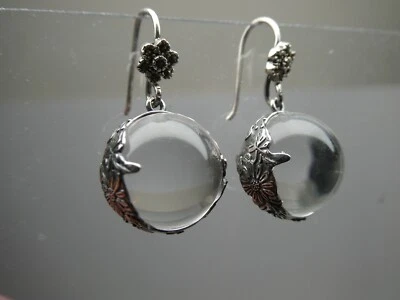 Genuine Pool Of Light Sterling Silver 925 Floral Orb Marcasite Dangle  Earrings - Image 1 of 4