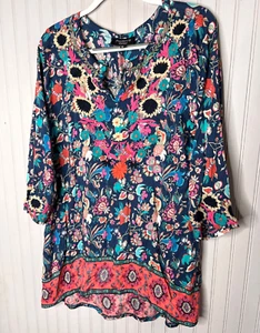 Feathers by Tolani Women TOP XL Boho Chic Embroidered Tunic Hippie Gypsy Design - Picture 1 of 11
