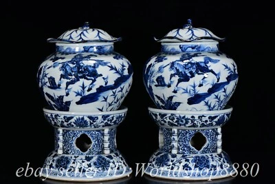 Figura de porcelana azul blanco chino antiguo 16,4" tarro olla botella jarrón par Foto 1 de 4