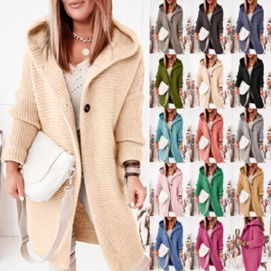 US Womens Knitted Sweater Open Front Coat Long Hoodies Cardigan Coat Tops Jacket - Picture 1 of 26