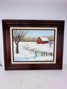 Vintage Winter Barn Landscape Painting Signed by Frances Hays Framed Artwork - Picture 1 of 3