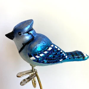 Blauer Eichelhäher Vogel Clip auf Glas Ornament Glitzer OWC Alte Welt Weihnachten - Bild 1 von 10