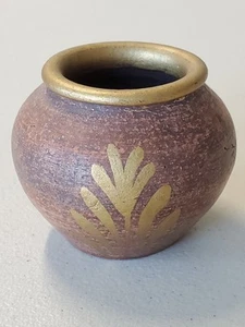Vintage Small Rustic Art Pottery Vase Vessel ~2" Tall Matte Finish Gold Accent - Picture 1 of 8