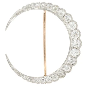 Late Victorian 2.90 CTW Diamond 14K Gold Platinum Antique Crescent Moon Brooch - Picture 1 of 7