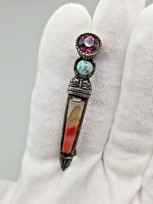 Broche Milagro Vintage, Dirk Celta Escocés, Vidrio Estilo Ágata Turquesa Firmado Foto 1 de 4