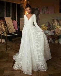 A Line Wedding Dresses For Women V Neck Long Sleeve Lace Bride Gown Bridal - Picture 1 of 11
