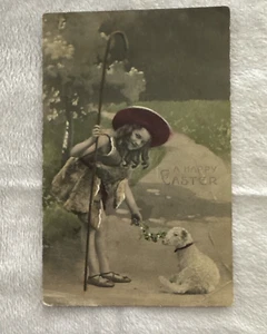 Antike Frohe Ostern colorierte Postkarte Mädchen RPPC Maria Lamm Motiv International - Bild 1 von 16