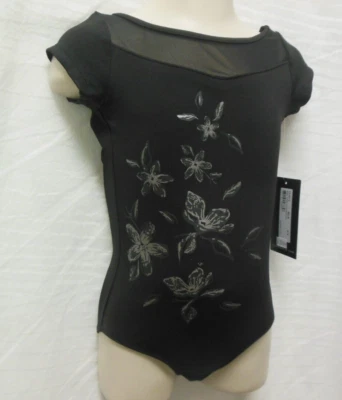 Dance Bloch Black leotard silver screenprint girls 2-4C cap sleeve CL4972 - Image 1 of 3