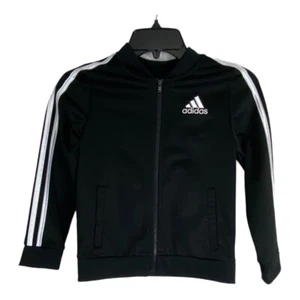 Adidas Kids Youth Jacket Size 7/8 Black White Stripes Long Sleeve Zipper Pocket - Picture 1 of 6