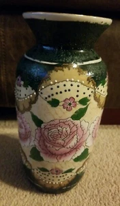 VINTAGE CERAMIC HAND PAINTED VASE ASIAN DARK GREEN PINK FLOWER 8" - Picture 1 of 7
