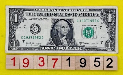 1937 1952 Tombstone Year Note 1s Nines 7 FW Fancy Serial Number One Dollar Bill - Image 1 of 4