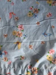Vintage Thomaston Light Blue Double Flat Sheet Butterflies Flowers - Picture 1 of 11
