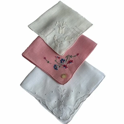 Vintage 3 Hankies 1 Desco Irish Linen Handmade In Madeira 1 Pink Irish Linen + 1 - Image 1 of 4