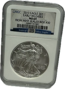Silver Eagle 2010 $1 lanzamiento anticipado como nuevo 69 de caja sellada como nuevo NGC #2008699-347 - Imagen 1 de 2