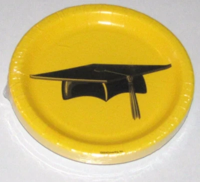 Yellow w/ Black Graduating Cap Print 7 inch plates #56354, 25/pk, paper, dessert - Image 1 of 2