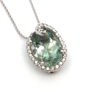 Designer SG 14K White Gold Oval Green Amethyst Diamond Swirl Pendant Necklace - Picture 1 of 11