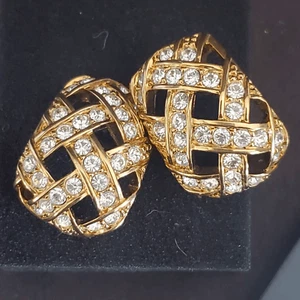Swarovski Gold Plated Open Weave Chunky Pierced Earrings Signed - Picture 1 of 4