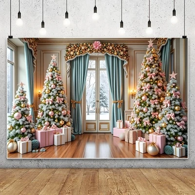 Pink Christmas Tree Window Photo Background Happy New Year Xmas Backdrop Banner - Image 1 of 4