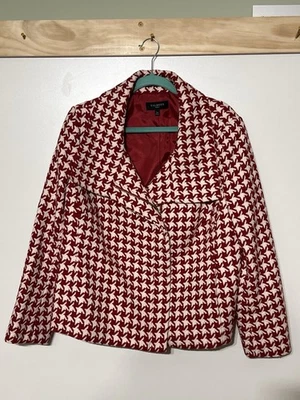 Talbots Womens Red Moto Houndstooth Full Zip Wool Blend Plaid Blazer Sz 14W - Image 1 of 4