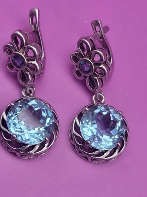 Pendientes de plata 925 topacio azul piedras preciosas naturales corte cojín parte superior floral Foto 1 de 4