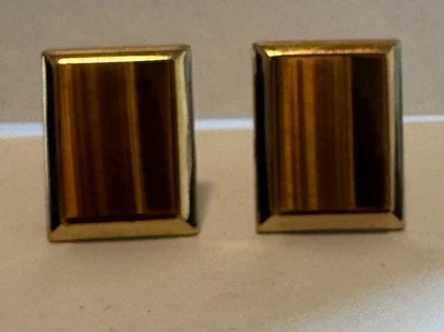 Vintage Gold Tone Tiger's Eye Square Men's Cuff Links Quartz Stone Brown Golden - Image 1 of 4
