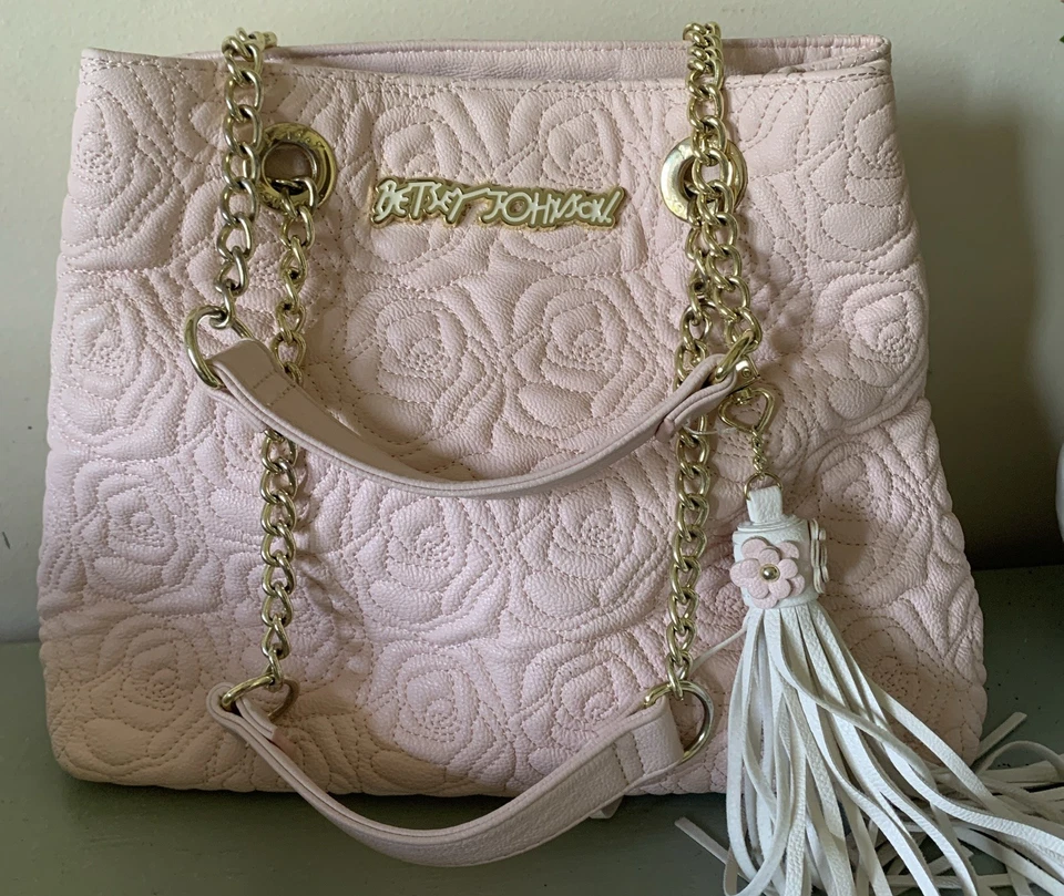 Vintage Women's Betsy Johnson Pink Rose Flower Shoulder Tassels Gold Chain - Image 1 of 4