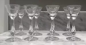 VINTAGE TIFFIN LONG STEMMED CRYSTAL ROSE ETCHED CORDIAL GLASSES SET OF 8 - Picture 1 of 12