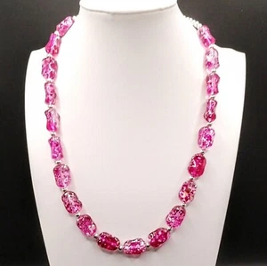 Clear Hot Pink Cerise Splatter Bead Nugget Necklace Silver White and Gold Fleck - Picture 1 of 11