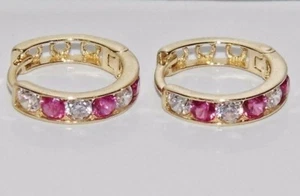 9ct Gold Ruby & cz Huggie / Cuff Hoop Earrings - Picture 1 of 6