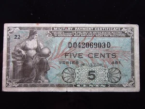 USA MPC Series 481 5 Cents Plate 22 6903# Military Payment Certificate Money - Picture 1 of 2