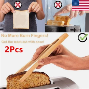 2Pcs Wood Wooden Food Toast Salad Tongs Toaster Sugar Ice Tea Tong 18CM US - Picture 1 of 20