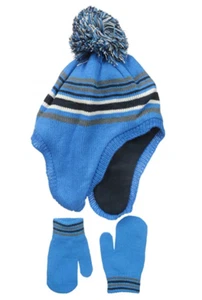 Children's Place Toddler Boys Striped Pom Pom Hat Mitten Set - Blue - 4T 5T New - Picture 1 of 1