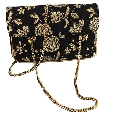 RARE Vtg Franchi Evening Purse Gold Embroidery Black Fabric Gold Chain Handles - Image 1 of 4