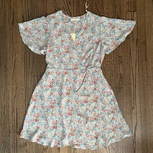 Monteau LA Floral Flutter Sleeve V-Neck Faux Wrap A-Line Spring Dress NWT Size L - Picture 1 of 11