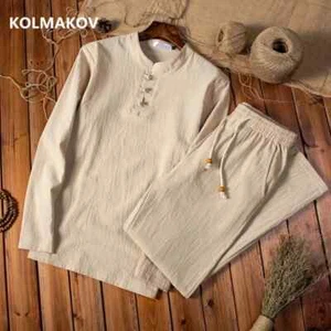 (Shirt + trousers) 2025 autumn fashion men shirt spring Man Cotton and linen - Picture 1 of 28