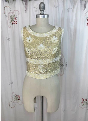 Camiseta sin mangas de colección años 50 60 con cuentas lentejuelas estrás amarilla seda Hollywood glamour talla 4 Foto 1 de 4