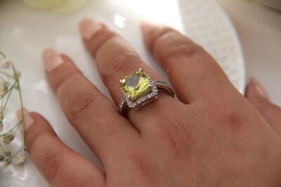 Anillo de piedras preciosas de cuarzo limón corte cojín natural de plata de ley 925 para mujer Foto 1 de 4