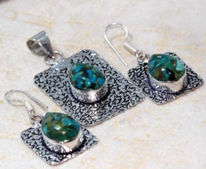 Copper Chrysocolla 925 Silver Plated Pendant Earrings Set 1.7|1.5" AU H777 - Picture 1 of 3