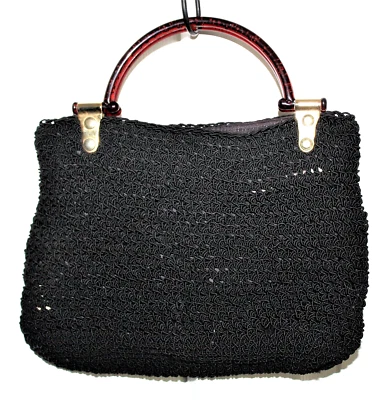 Bolsa de mão vintage feita na Itália preta de malha de crochê com espelho Etienne Aigner - Imagem 1 de 4