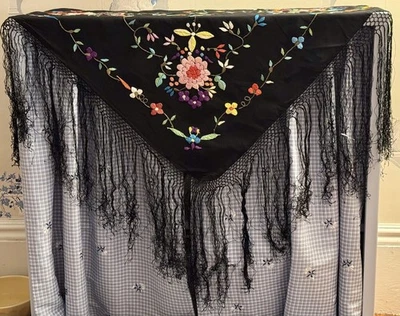 Antique Fringed Black Silk Floral Hand Embroidered Shawl 30X30" Spain 1973 - Image 1 of 4