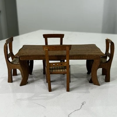 Antique Dollhouse Dining Table Chairs Wood 1:12 Miniature Furniture - Image 1 of 4