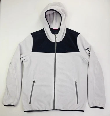 Tommy Hilfiger Size Medium Men Gray Navy Long Sleeve Fleece Full Zip Logo Hoodie - Image 1 of 4