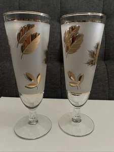 MCM Libbey Golden Leaf Frosted Pilsner Beer Glasses Set Of 2 - Picture 1 of 6