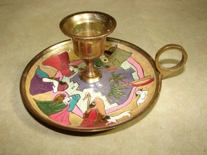 4" Christmas Brass Candleholder Holy Family Nativity Scene Painted Enamel -#21 - Picture 1 of 5