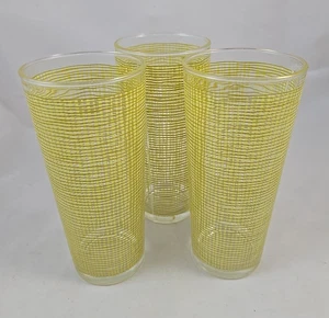 3 Mid Century Modern Federal Glasses Textured Burlap Design Yellow 12 oz Glasses - Picture 1 of 4
